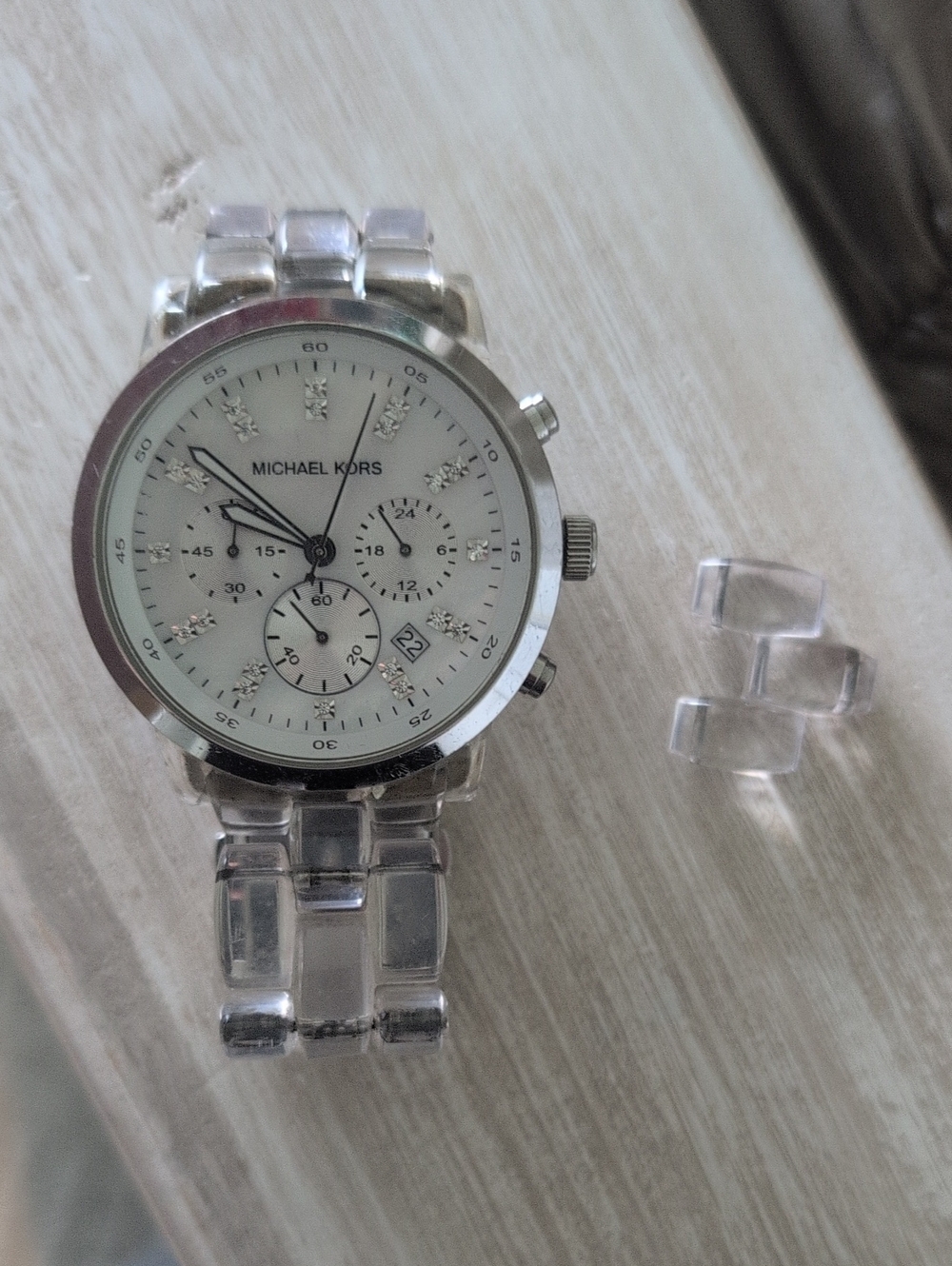 Michael Kors Crystal-Index Silver Tone Chronograph Watch Clear Strap